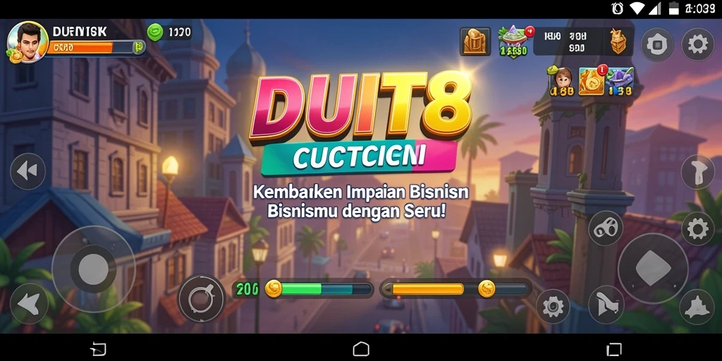 Tangkapan layar gameplay DUIT8 menampilkan suasana bisnis yang dinamis.