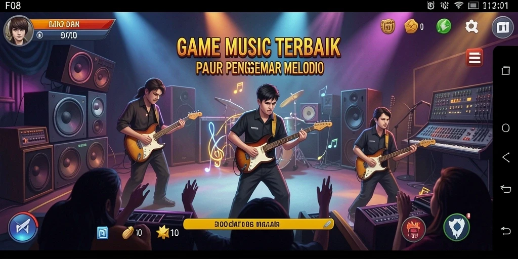 Tampilan gameplay F08 yang menarik dengan alat musik interaktif.