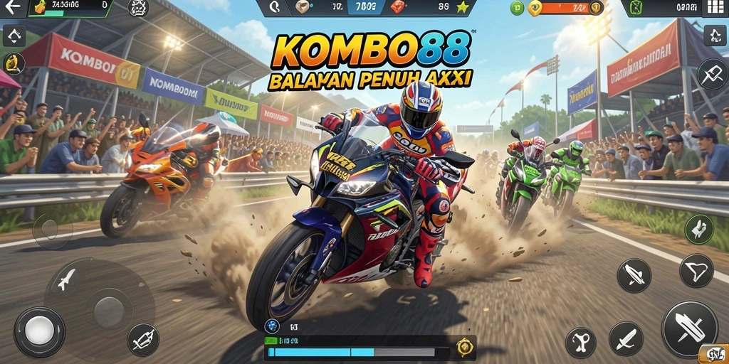 Screenshot dari gameplay balapan motor yang seru di KOMBO88.
