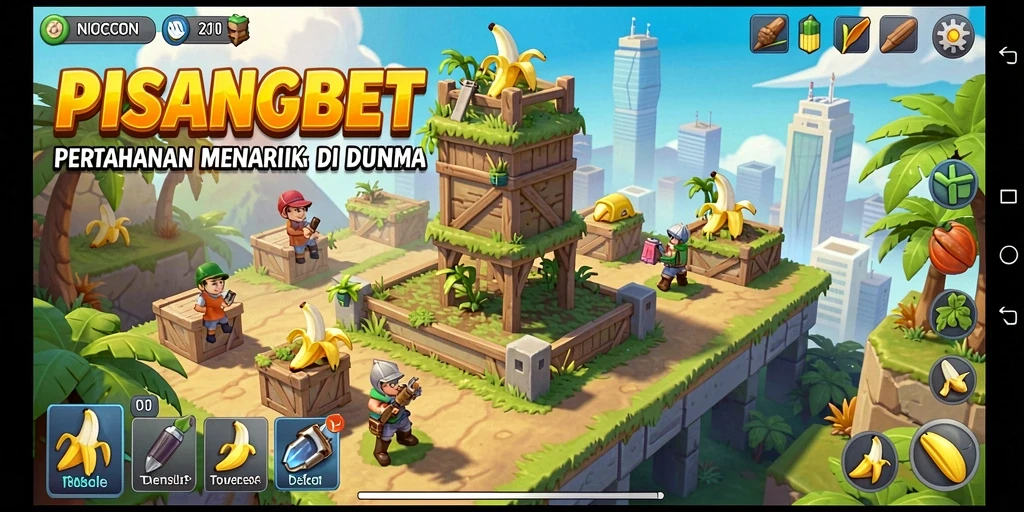 Screenshot utama PISANGBET menampilkan pertempuran Tower Defense yang intens.